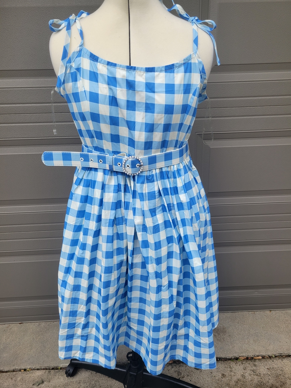Blue & White Gingham Tie-Shoulder Dress with Belt